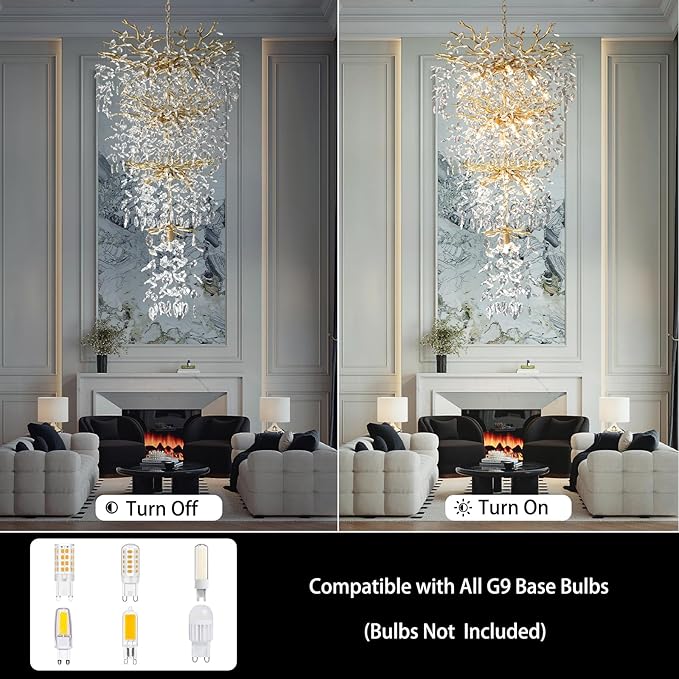 YUYI 47'' Long Crystal Chandelier for High Ceiling, 25-Light Modern Gold Tree Branch Chandelier, Large Chandeliers for Staircase Foyer Entryway Living Room, 4-Tier Luxury K9 Raindrop Light Fixture