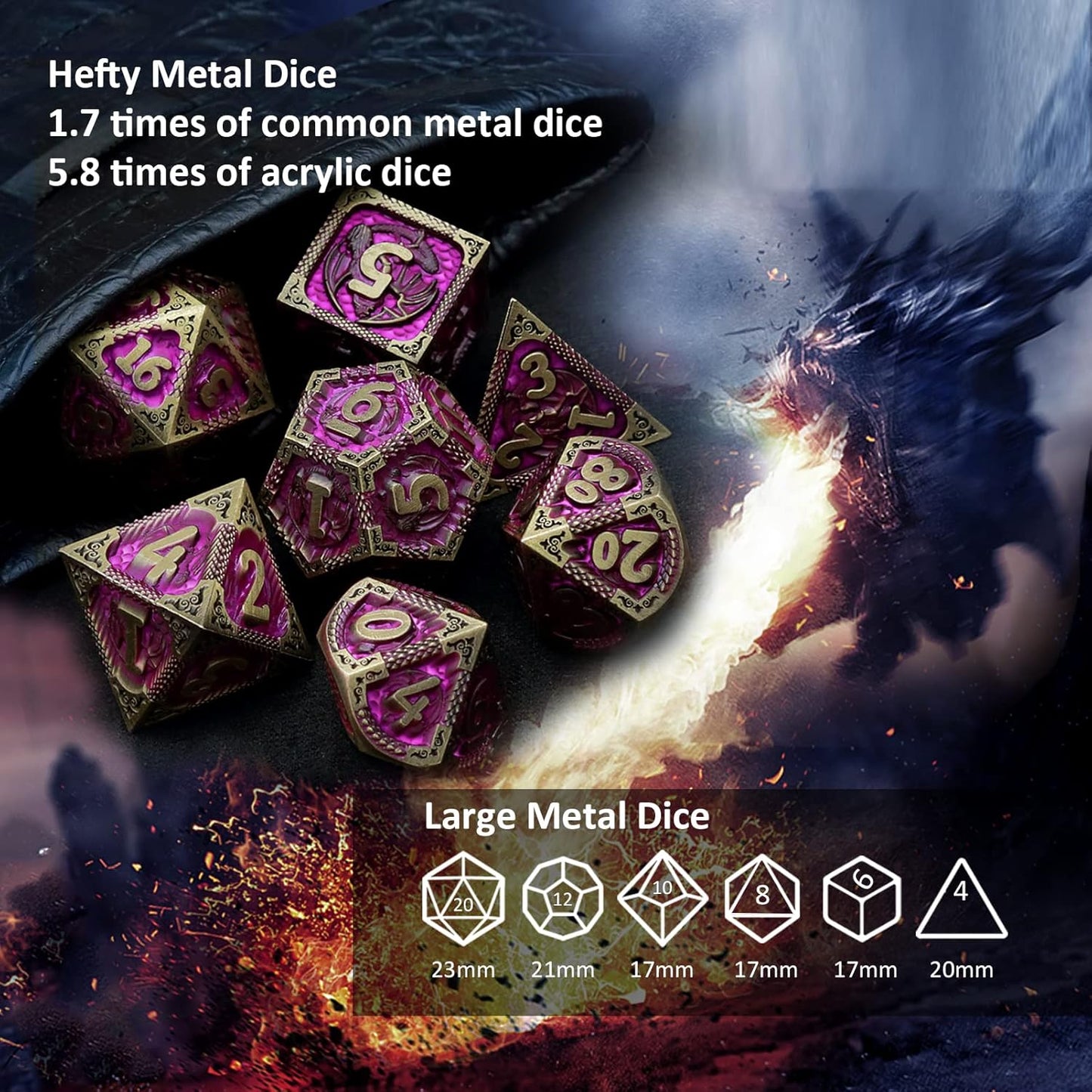 Haxtec Metal Dice Set Purple Black Dragon Pattern Metal DND Dice with Leather Dice Bag Polyhedral D&D Dice Compatible with Dungeons and Dragons TTRPG Gifts