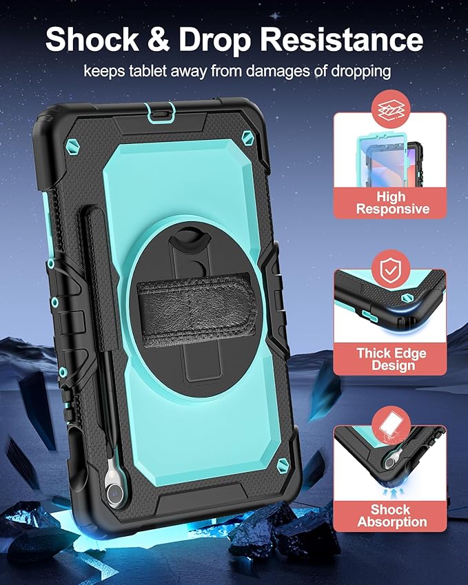 Case for Samsung Galaxy Tab S10 Lite/ S10 FE/ S9 FE 5G/ S9 Tablet Case 10.9"/11", Shockproof Protective Cover with Screen Protector, Pen Holder, 360° Rotating Stand and Hand Strap, SkyBlue