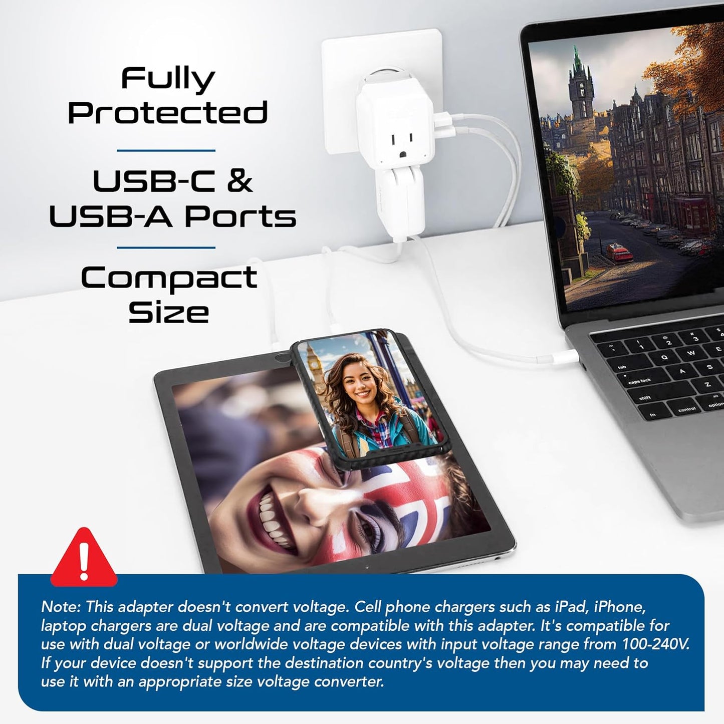 Ceptics UK, Ireland Power Adapter Travel, Safe Dual USB & USB-C 3.1A - 2 USA Socket - Compact & Powerful - Use in Hong Kong, England, Dubai, Saudi Arabia - Includes Type G Swadapt Attachments