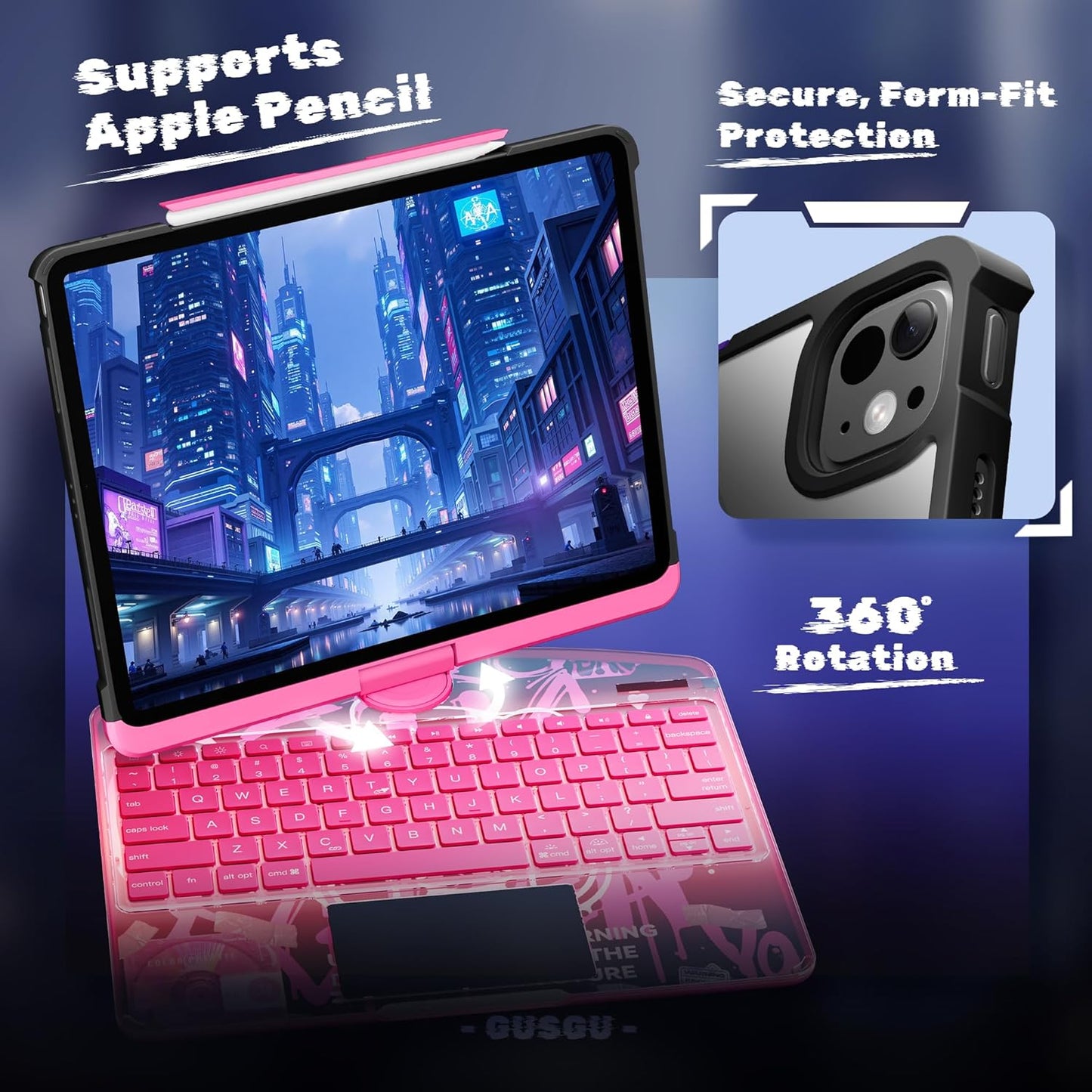 KITONE Transparent Case with Wireless Keyboard for iPad 11th Gen 11-in.(A16, 2025), 2022 iPad 10th Gen 10.9-in, 7 Colors Backlight, Trackpad, 360°Rotating Stand, Tech Style