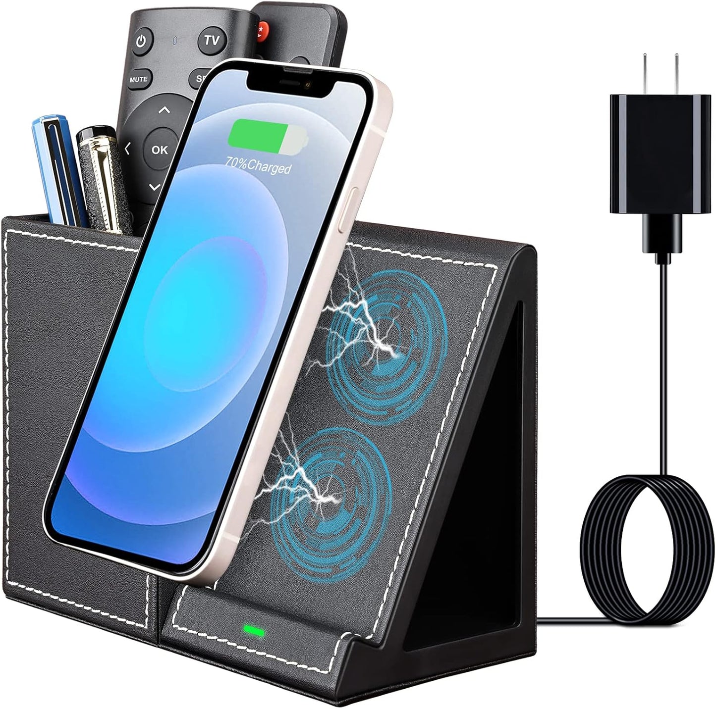 Wireless Charger with Desk Organizer, Wireless Charging Station for iPhone 13/13 Pro Max/13 Pro/12 Series/11/XS Max/XR/X/8Plus/SE 2, Wireless Charging Stand with Leather… (Black S)