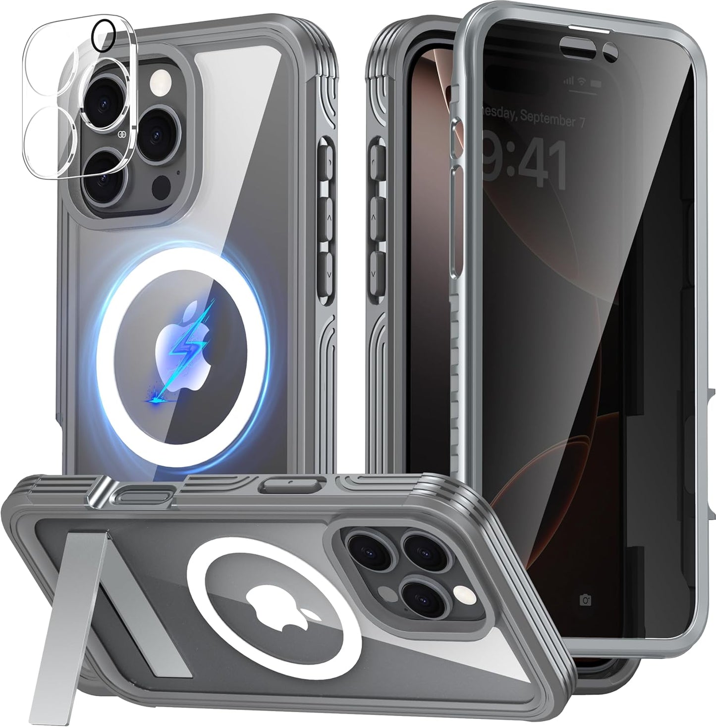 Magnetic & Stand for iPhone 16 Pro Max Case Built-in Privacy Screen Protector[360° Full Body Protection][Fit for Magsafe][Lens Protector] Heavy Duty Shockproof Case for iPhone 16 Pro Max Gray