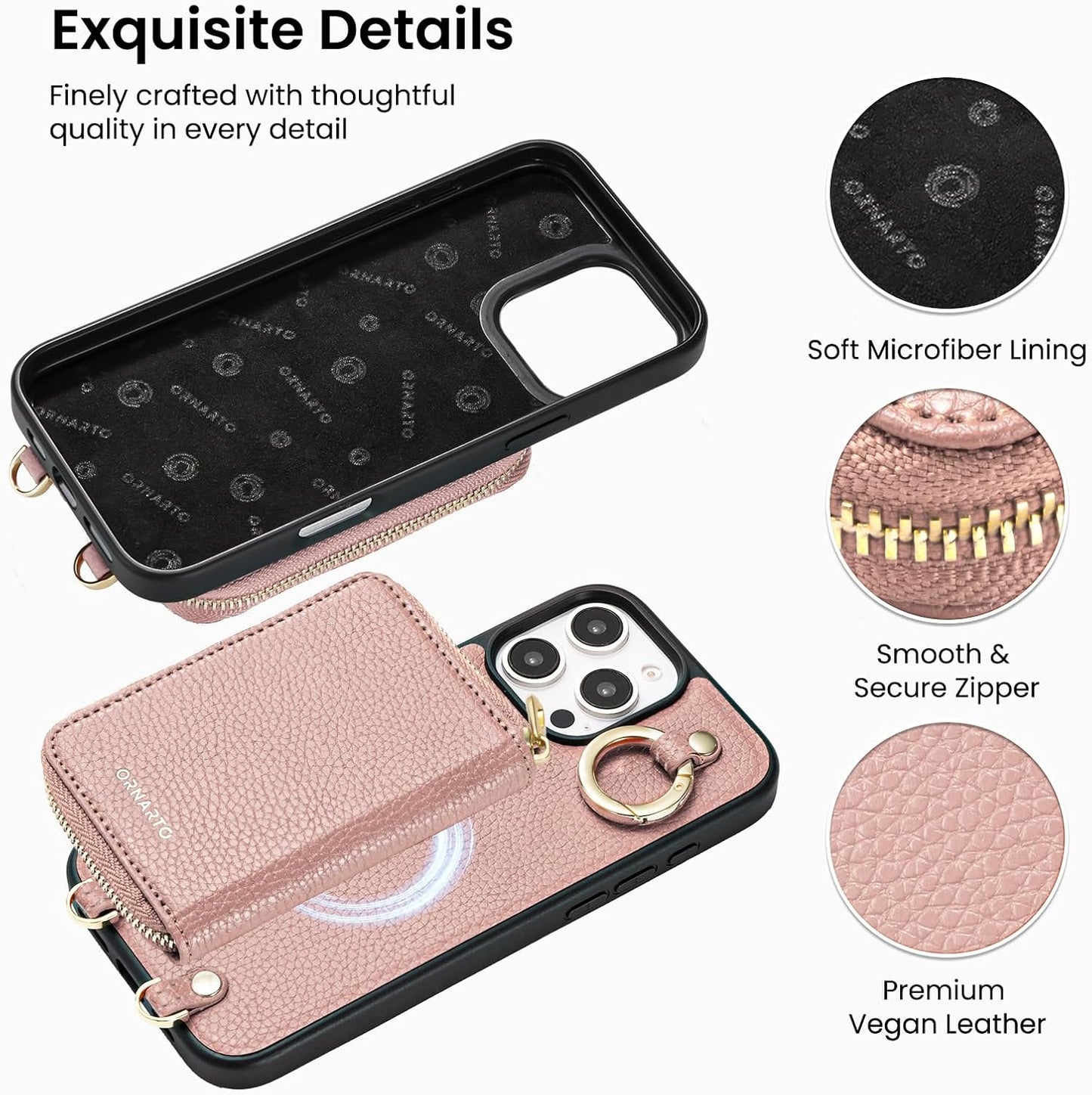 ORNARTO Magnetic Detachable Wallet Case for iPhone 16 Pro, [Compatible with MagSafe], Crossbody Wallet Case with Card Holder Wrist Strap, RFID Blocking PU Leather Wallet Phone Cover 6.3", Pink