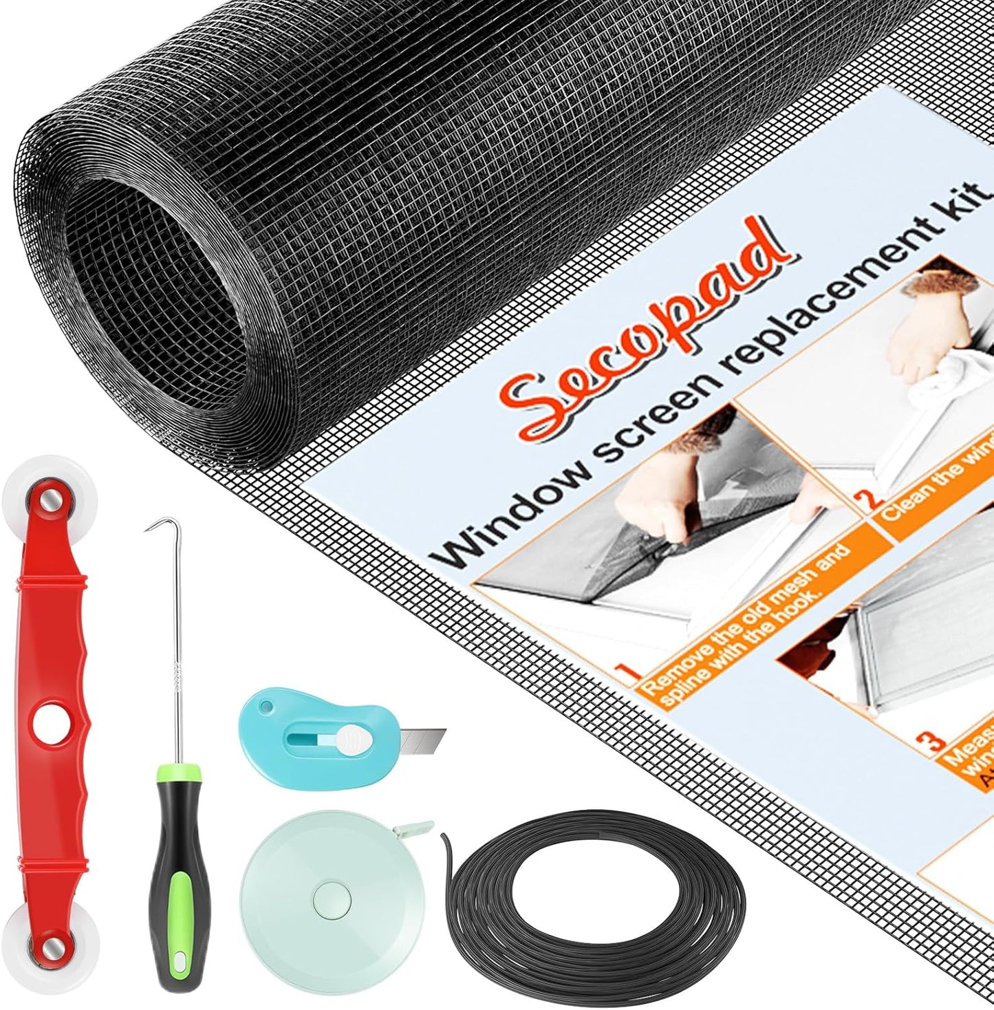 Window Screens Replacement Repair Kit, Black Screen Door Mesh Replacement Kit, Durable Fiberglass Mesh Roll with Tools for Windows Doors Patio and Porch, 48in x 118in
