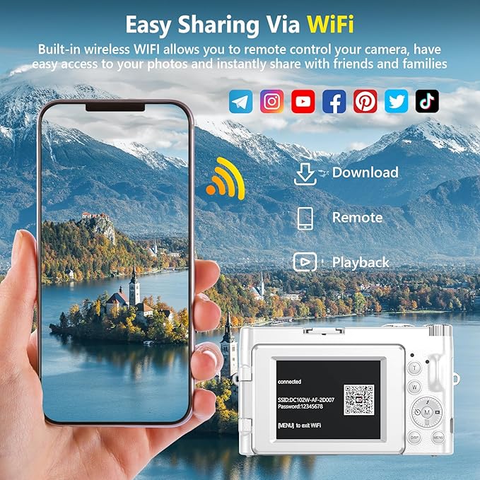 4K Digital Camera for Photography Autofocus, 64MP WiFi Vlogging Camera for YouTube with 2 Batteries, SD Card, 3" 180°Flip Screen Selfie Compact Travel Camera for Teens with 16X Zoom, Anti-Shake, White