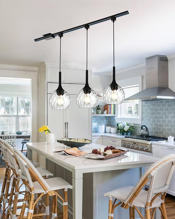 VINLUZ 3 Pack H-Type Matte Black Track Lighting Pendant Industrial Kitchen Island Lighting with Round Ribbed Glass Shades, Hanging Chandelier for Dining Room