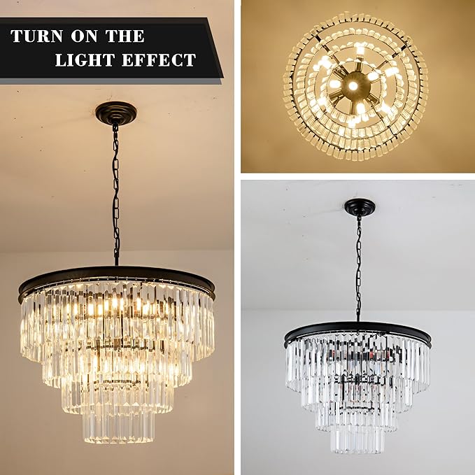 22.8" Crystal Chandelier Lights 10-Light K9 Crystal Pendant Light 4-Tier Black Luxury Crystal Hanging Light Fixture for Dining Room Living Room Kitchen Bedroom Stairway