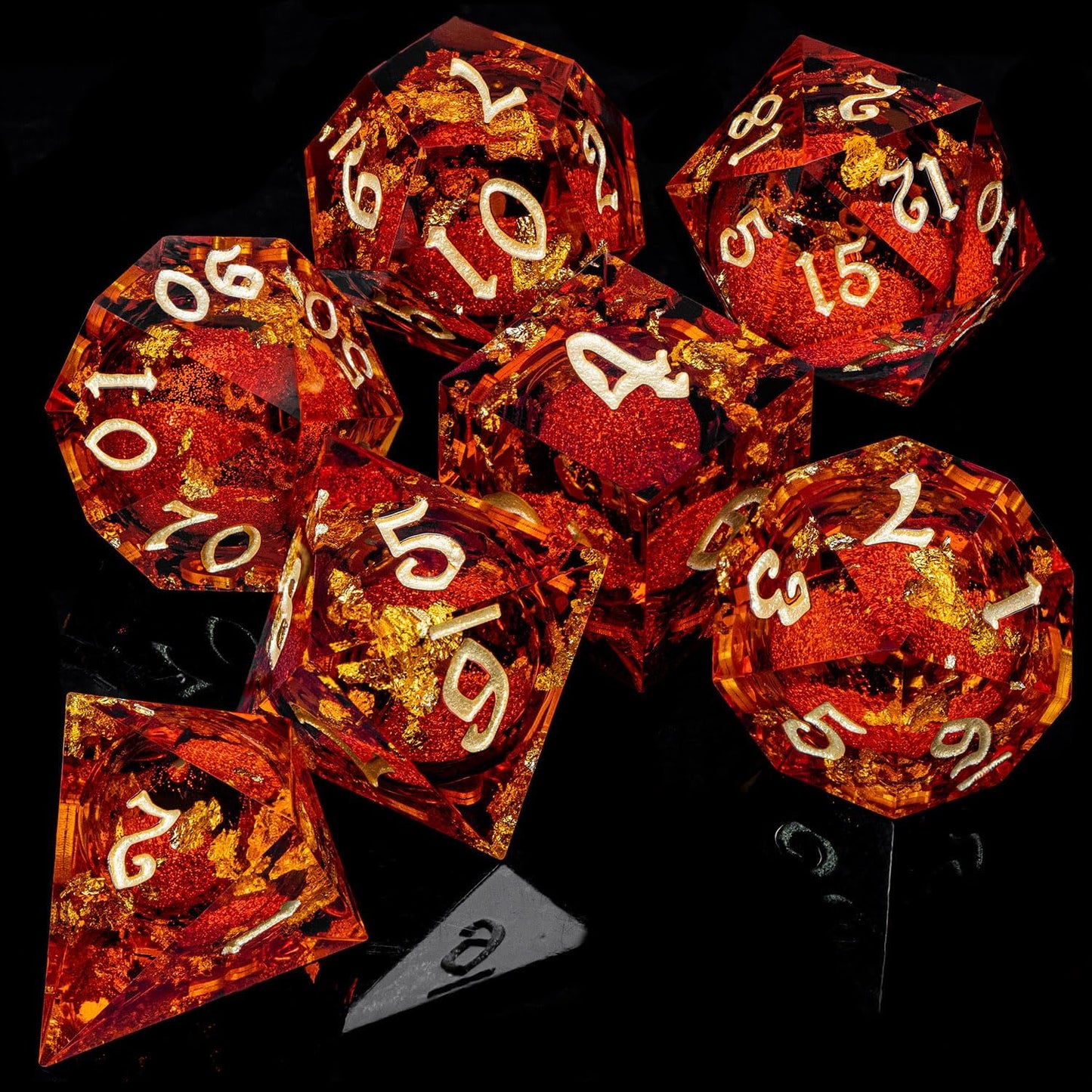 ARUOHHA Liquid Core DND Dice Set, 7pcs Resin Sharp Edged Dragons Dice Compatible with D&D Role Playing Games, RPG Golden Numbers Red Dungeons Polyhedral Dice with Gift Box, D and D Dice Set D20 D10 D6