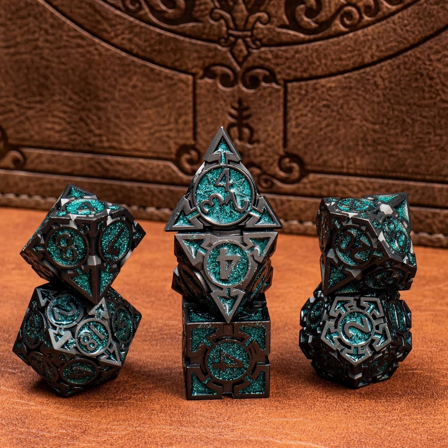 Green Black Nickel Finish Heavy Metal DND Dice Set (Ranger) with A Metal Box, Sharp Edge Zinc Alloy D&D Accessories, D4-D20, Designed for Dungeons & Dragons Master, RPG Player, Starter