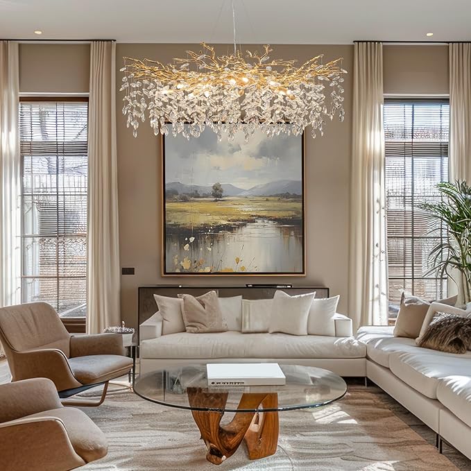 YUYI Modern Crystal Chandelier, 47" Gold Tree Branch Chandelier, 18-Light Round Raindrop Chandeliers for Dining Room, Living Room, Foyer, Entryway, Kitchen, Bedroom, Luxury K9 Crystal Light Fixture