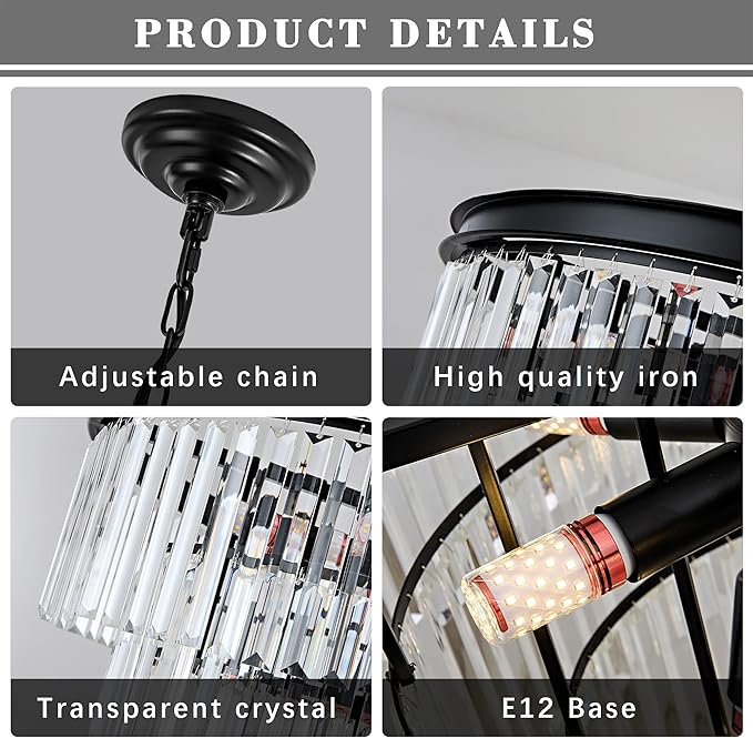 22.8" Crystal Chandelier Lights 10-Light K9 Crystal Pendant Light 4-Tier Black Luxury Crystal Hanging Light Fixture for Dining Room Living Room Kitchen Bedroom Stairway