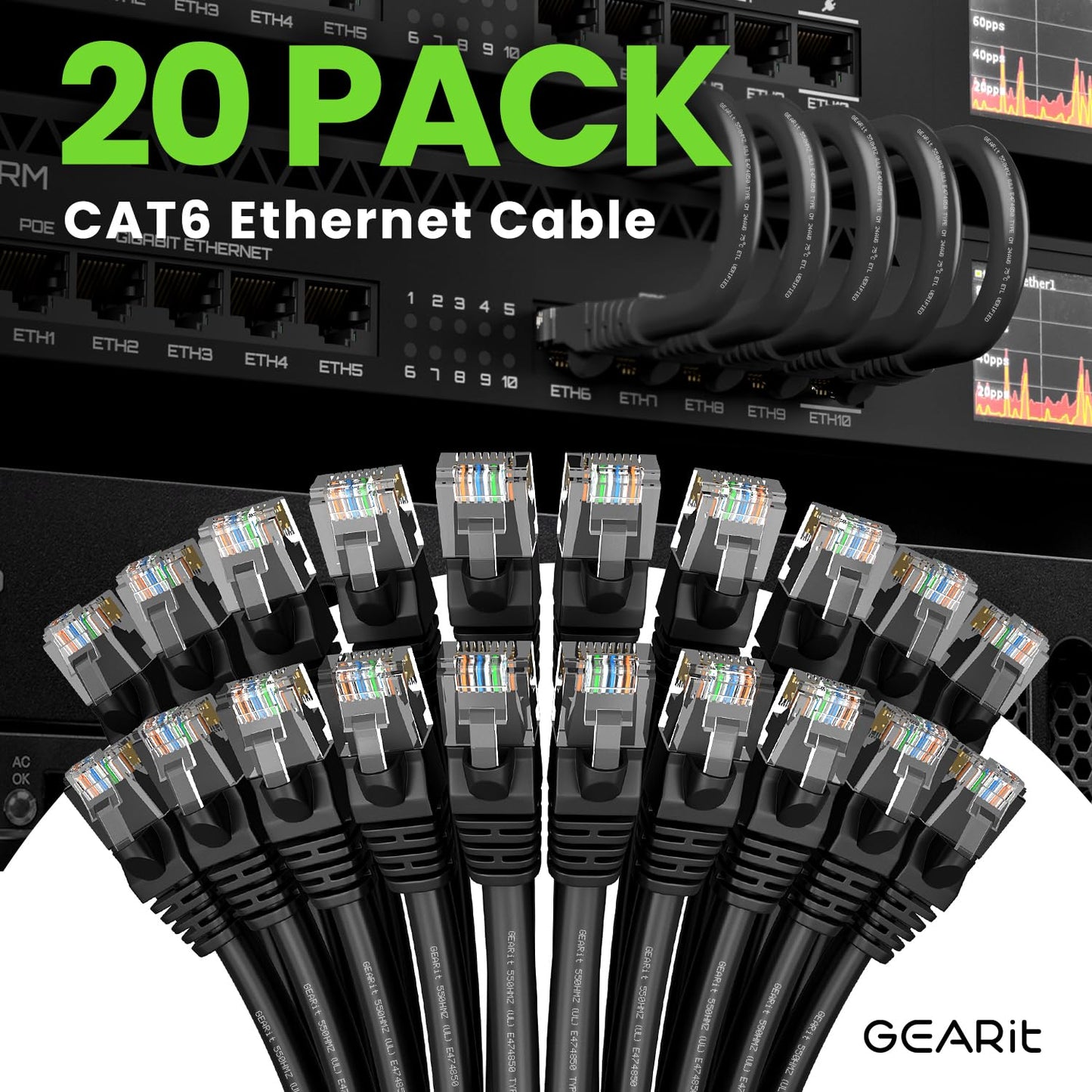 GearIT Cat 6 Ethernet Cable Pack - 20-Pack 10 ft Cat6 Ethernet Patch Cables | RJ45 Network Patch Cable, 10 Gbps Snagless Gold-Plated Connectors - Ethernet Cable Cat 6 for PC, TV, Router - Black
