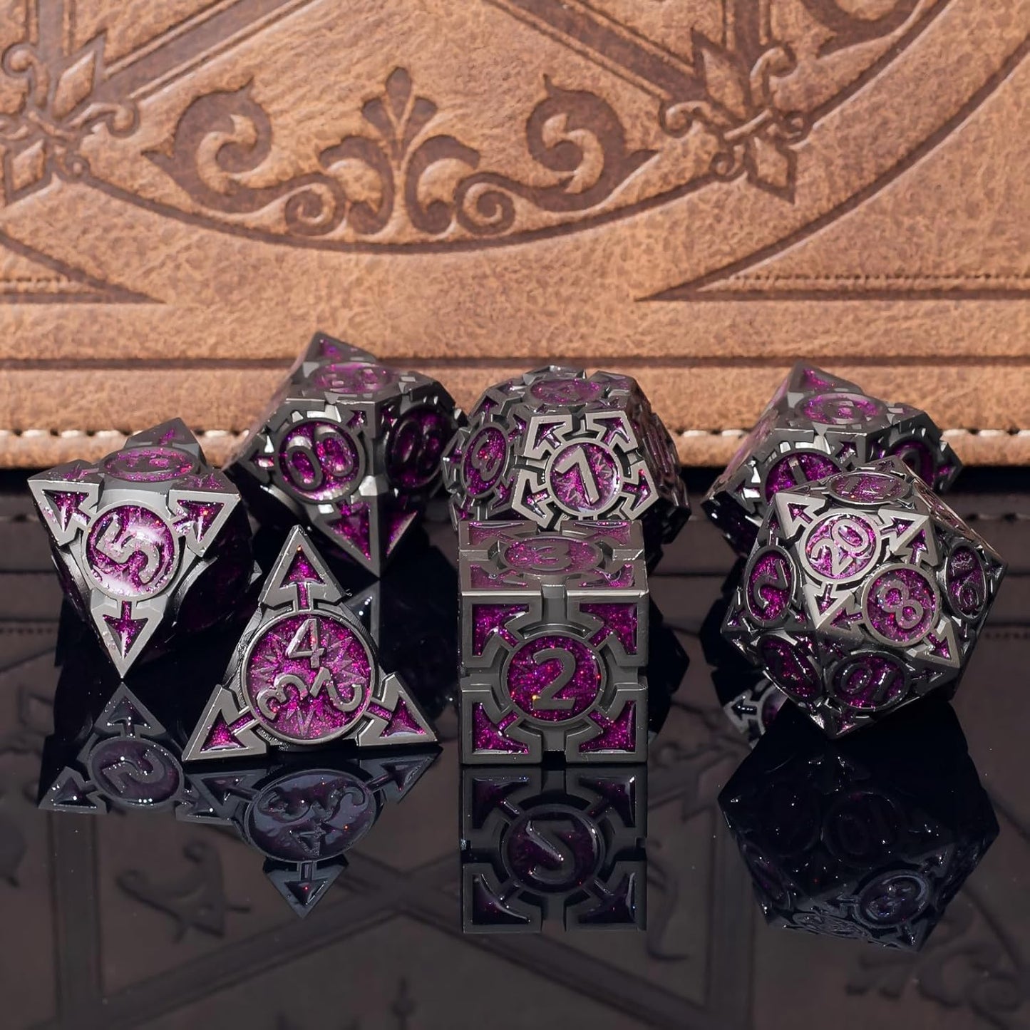Purple Black Nickel Finish Heavy Metal DND Dice Set (Warlock) with A Metal Box, Sharp Edge Zinc Alloy D&D Accessories, D4-D20, Designed for Dungeons & Dragons Master, RPG Player, Starter