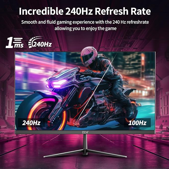 ZZA 24.5" Curved Gaming Monitor, 240Hz|144Hz FHD(1920 * 1080P) VA Screen Computer Monitor, Supports Freesync, 120% sRGB, Blue Light Filter,AMD Freesync, Wall Mountable Installs(HDMI 1.4/DP 1.2)