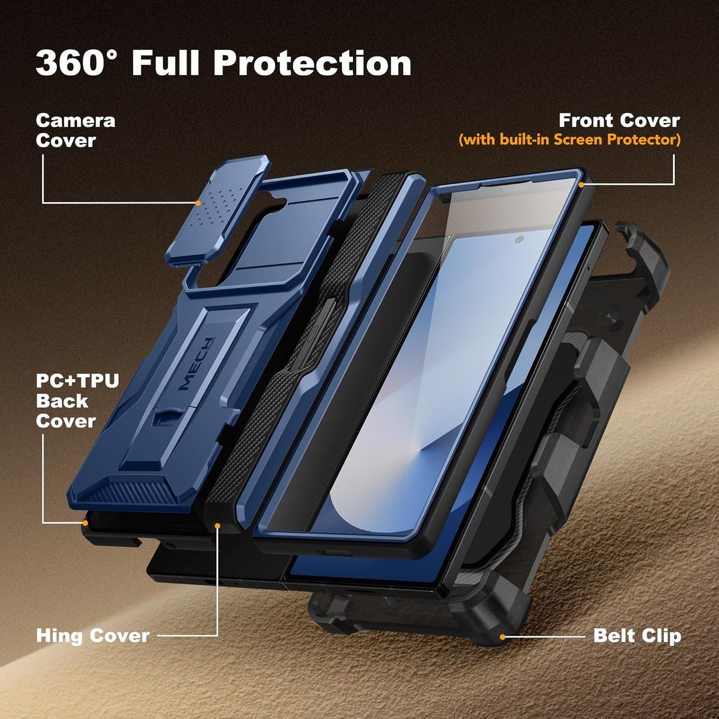 TONGATE for Z Fold 6 Case, [with S Pen Slot & Hinge Protection] [Tempered Glass Screen Protector] Full-Body Military Drop Phone Case for Samsung Galaxy Z Fold 6 with Kickstand & Belt Clip, Blue