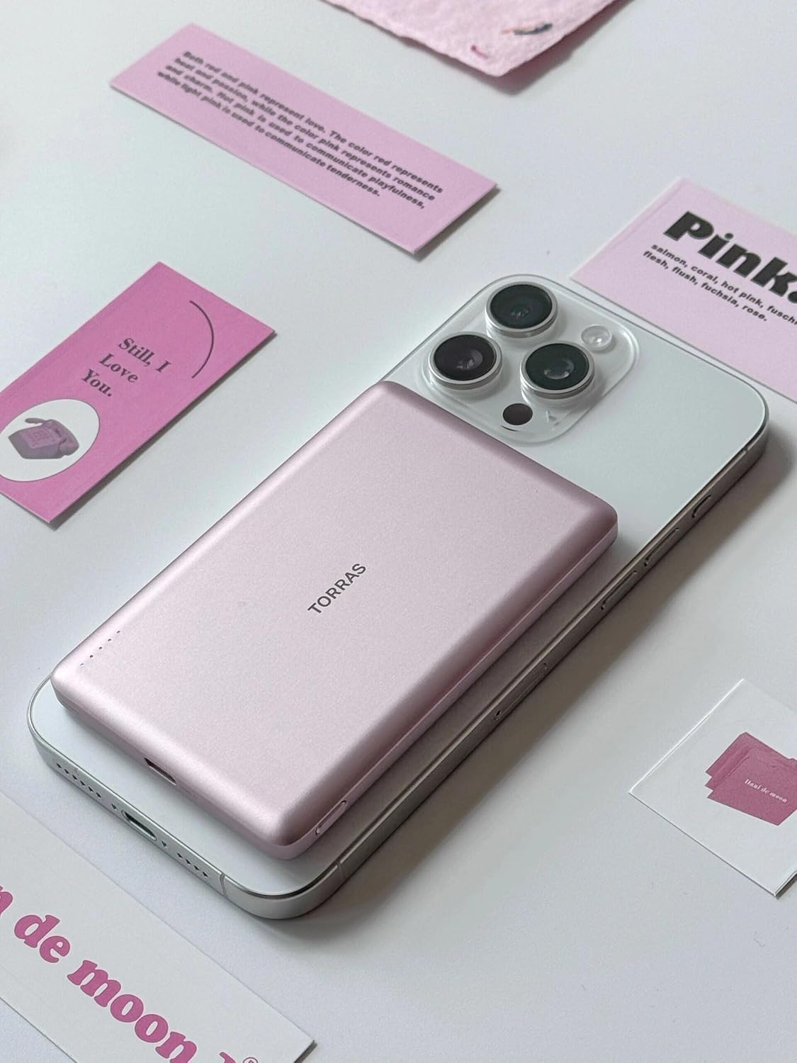 TORRAS MiniMag Power Bank, Ultra Slim 5,000mAh Wireless Portable Charger with USB-C Cable, Fast Charging Magnetic Battery Pack, Magsafe-Compatible for iPhone 16/15/14/13/12, Azalea Pink