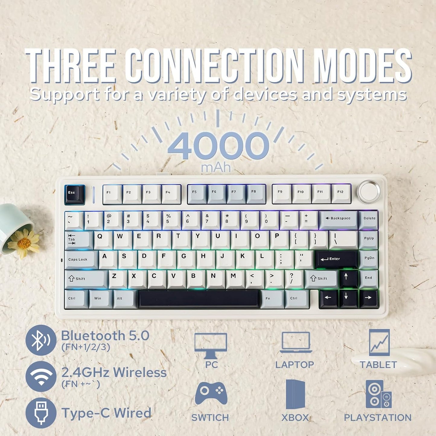 EPOMAKER x Aula F75 Gasket Mechanical Keyboard, 75% Wireless Hot Swappable Gaming Keyboard with Five-Layer Padding&Knob, Bluetooth/2.4GHz/USB-C, RGB (Light Blue, LEOBOG Reaper Switch)