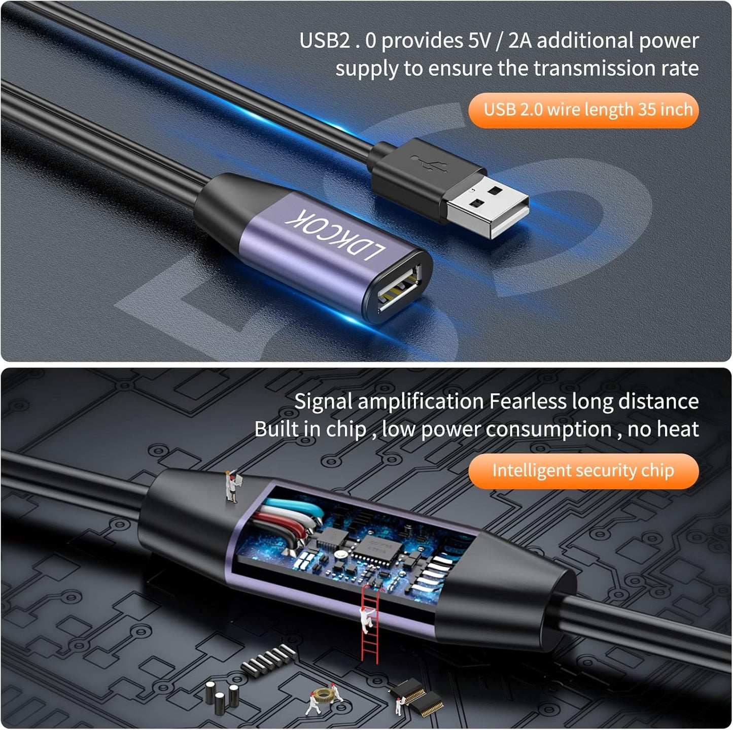 LDKCOK USB 2.0 Type A Male to A Female Active Repeater Extension Cable 30ft, High Speed 480 Mbps