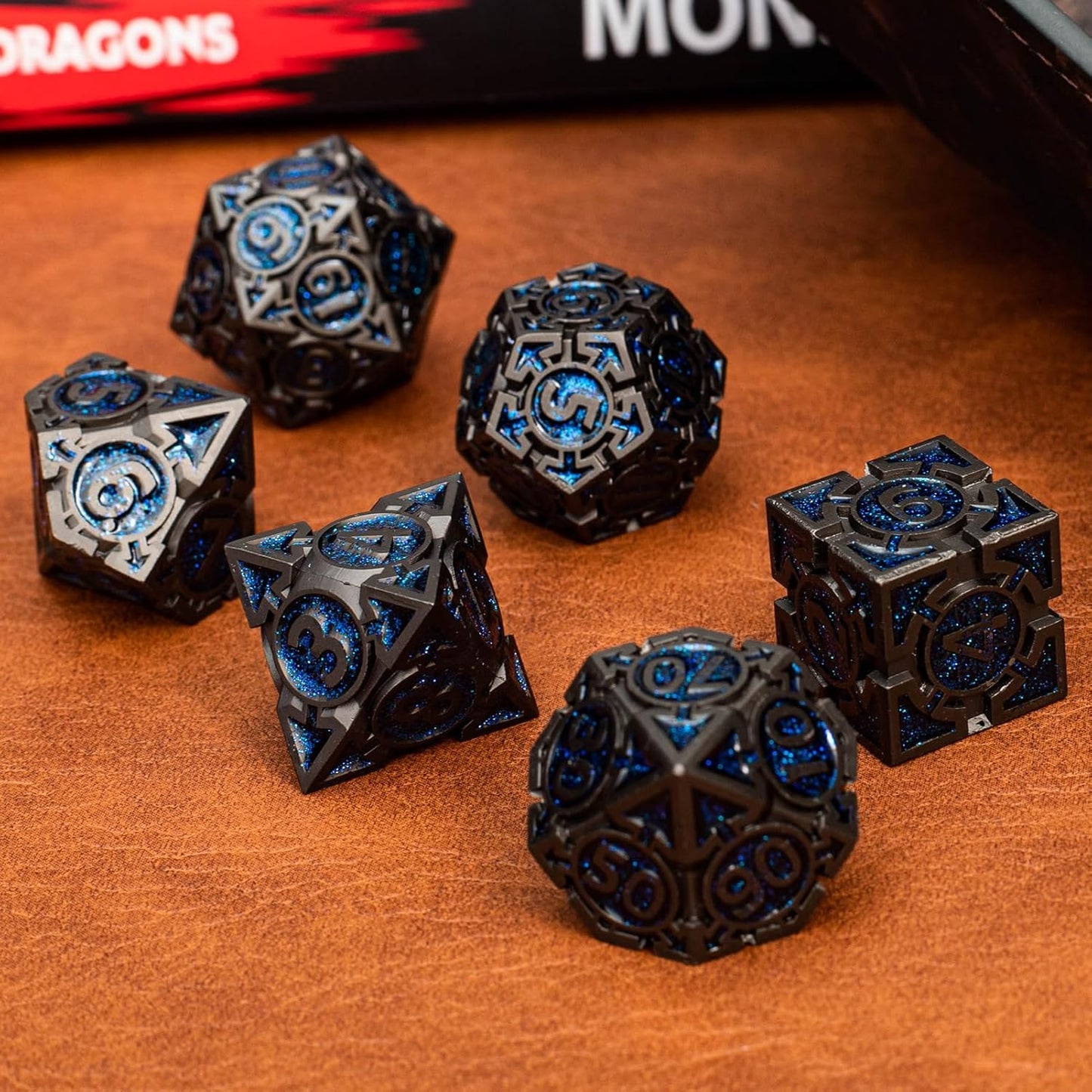 Blue Black Nickel Finish Heavy Metal DND Dice Set (Wizard) with A Metal Box, Sharp Edge Zinc Alloy D&D Accessories, D4-D20, Designed for Dungeons & Dragons Master, RPG Player, Starter
