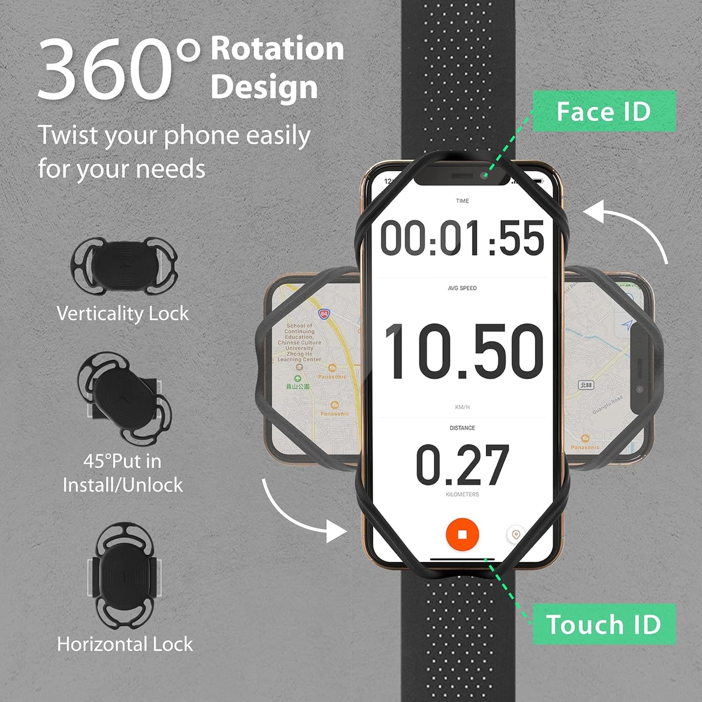 BONE Run + Bike Tie Connect Kit 1, 2-in-1 Running & Bike Phone Holder, Detachable & Rotatable 360° Sport Armband & Phone Mount Compatible with Most Smartphones (Stem/Armband 2-in-1 Connection Kit)