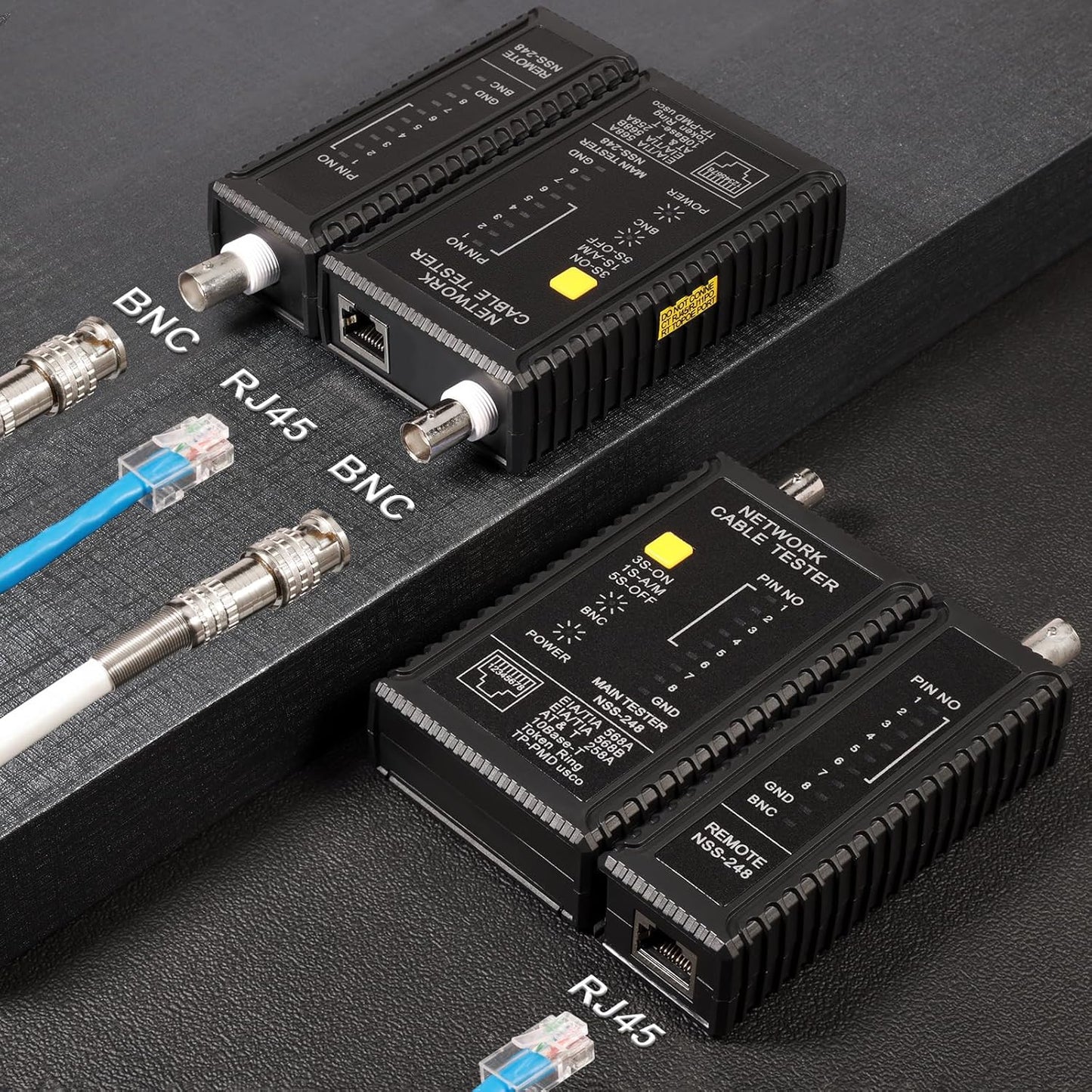 Dual-Function Coaxial & RJ45 Network Cable Tester with 2-Pack BNC Male to F Female Adapters, CAT5/CAT6/Coax Continuity Checker (Battery Not Included)