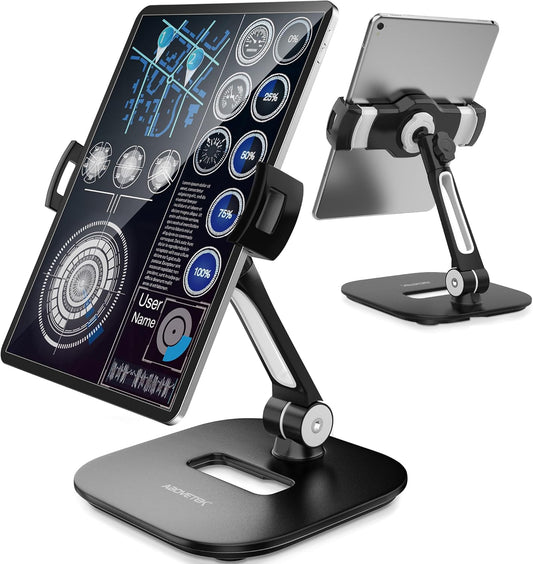 AboveTEK Tablet Stand Holder, Stylish Aluminum iPad Stands, Foldable 360° Swivel Table Stand Holder fits 4-11" Tablets/Smartphones for Kitchen Bedside Office POS Showroom Reception (Black)