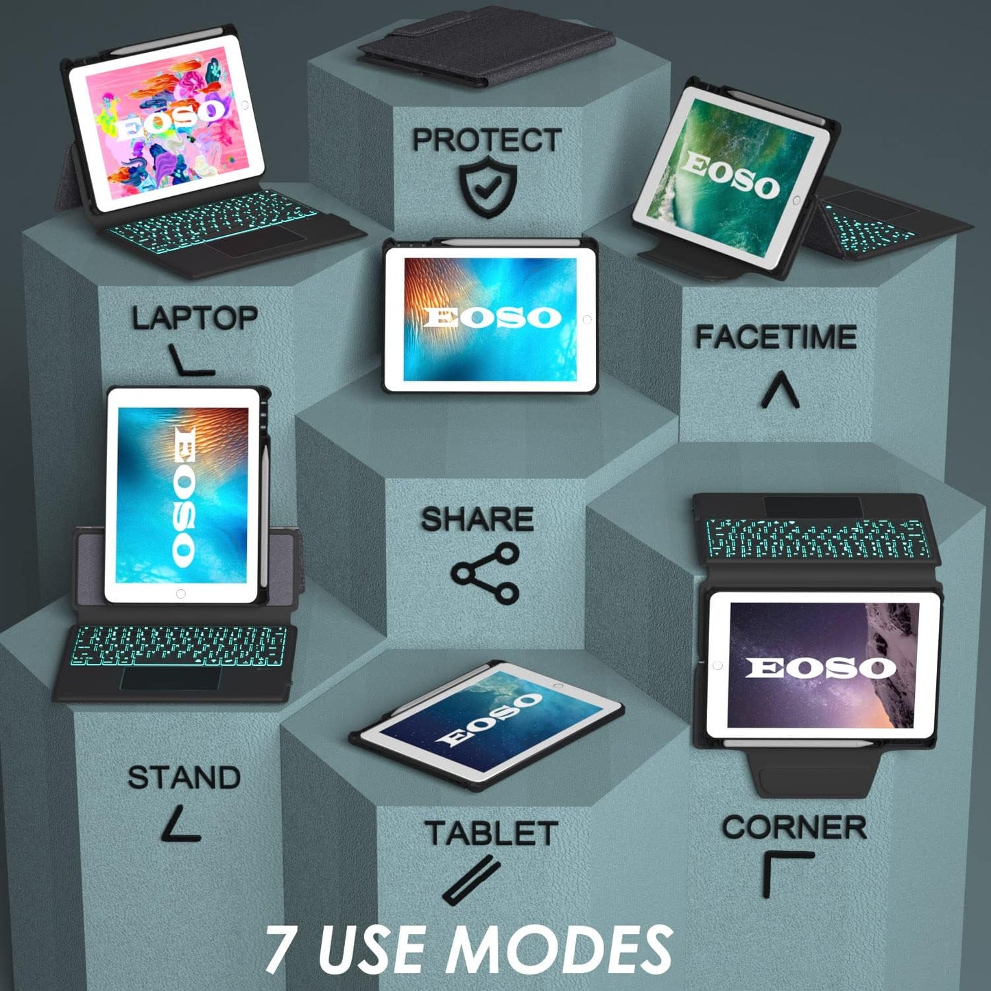 iPad 9.7 Keyboard Case for iPad 6th Gen 2018 - iPad 5th Gen 2017 - iPad Pro 9.7 - iPad Air 2-7 Color Backlight,Touchpad Detachable Slim Cover with Pencil Holder (9.7",Black)