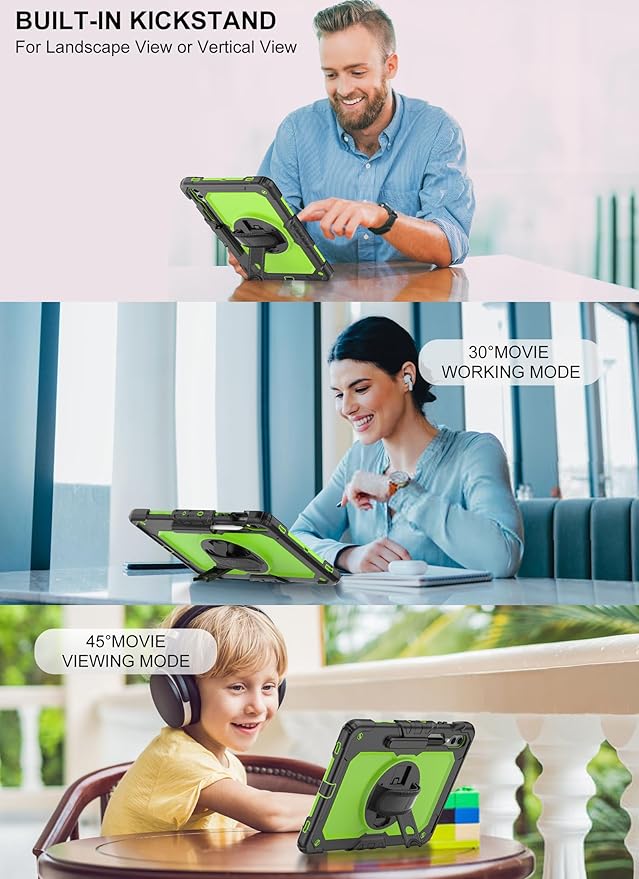 Case for Samsung Galaxy Tab S10 Plus/ S9 FE Plus/ S9 Plus 5G Tablet 12.4'', Shockproof Protective Cover with [Tempered Glass Screen Protector], Stand, Shoulder Strap & S Pen Holder (Green)