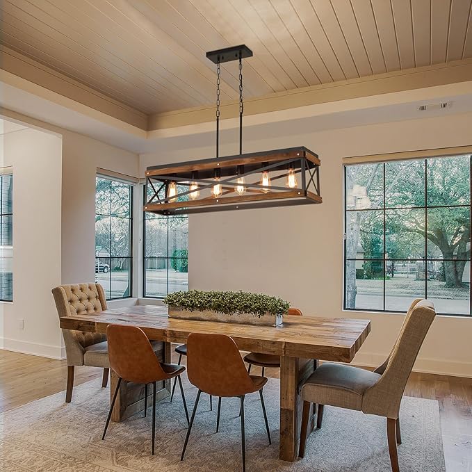 Rustic Farmhouse Wood Kitchen Island Lighting, 6 Lights Rectangular Pendant Light Fixture, Adjustable Chain Oak Wood and Metal Linear Chandelier for Dining Room Kitchen Island Farmhouse, Black