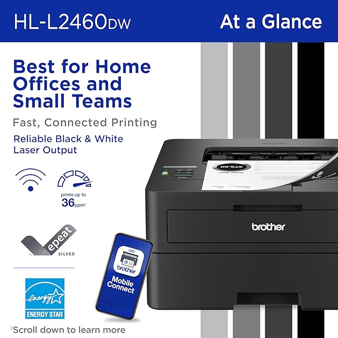 Brother HL-L2460DW Wireless Compact Monochrome Laser Printer with Duplex, Mobile Printing, Black & White Output | Includes Refresh Subscription Trial(1), (Renewed Premium - Refurbished)