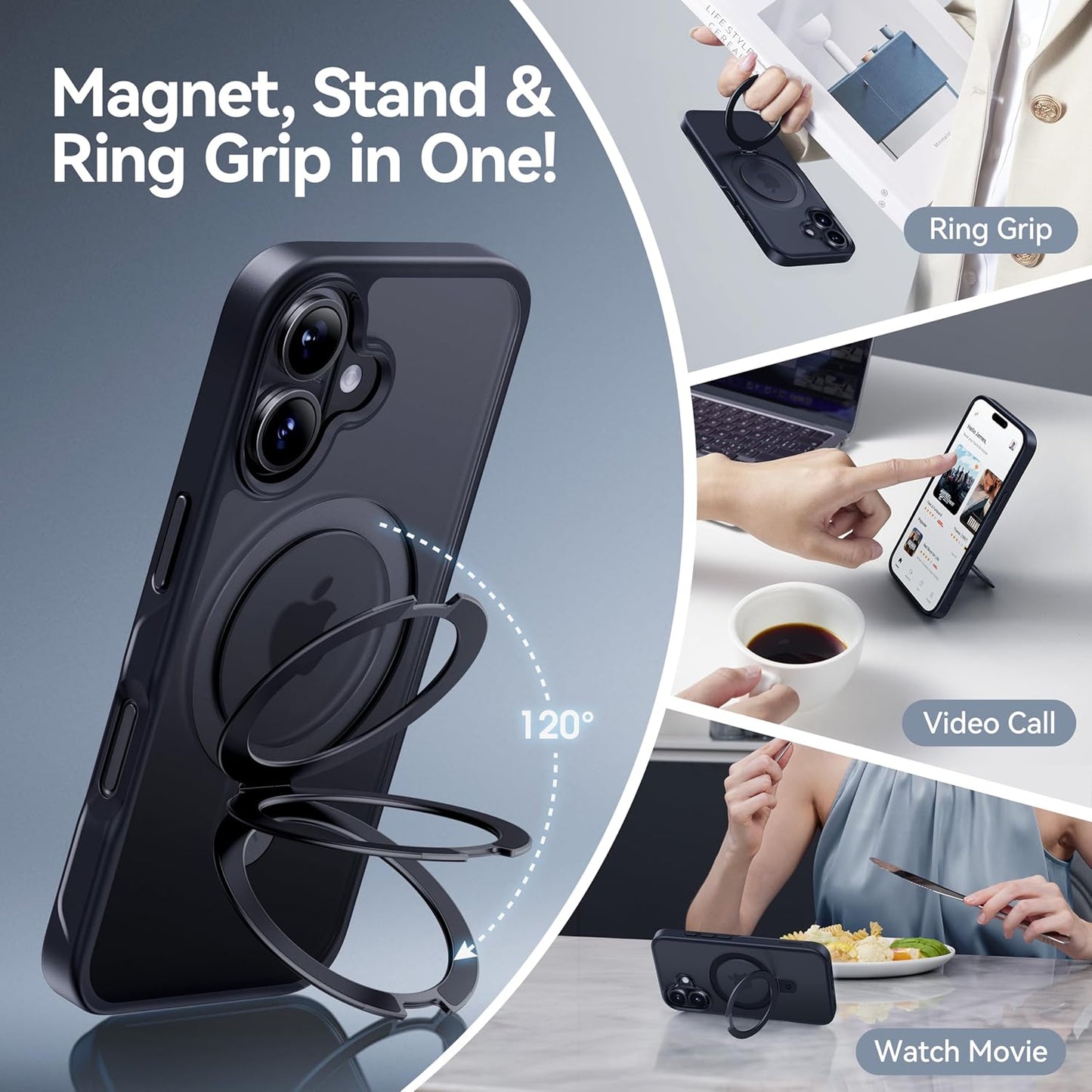CASEKOO Designed for iPhone 16 Case with Magnetic Invisible Stand [Military Drop Protection] [Compatible with MagSafe] Shockproof Slim Translucent Matte Case 6.1 Inch, Black