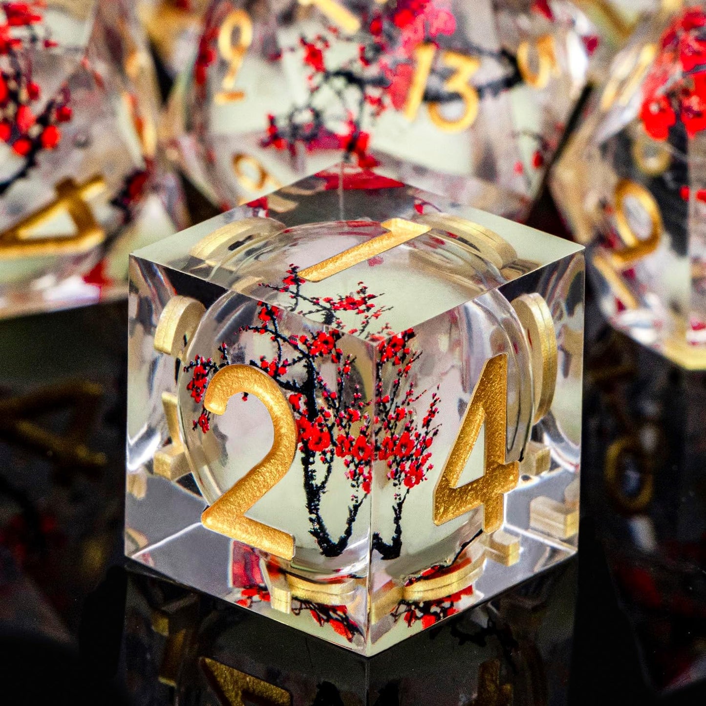 Plum Blossom DND Dice Yellow Noctilucent Liquid Core Dice Set with Metal Box, Handmade Sharp Edge Dice D and D Polyhedral Dice for use with D&D RPG Role Playing Game