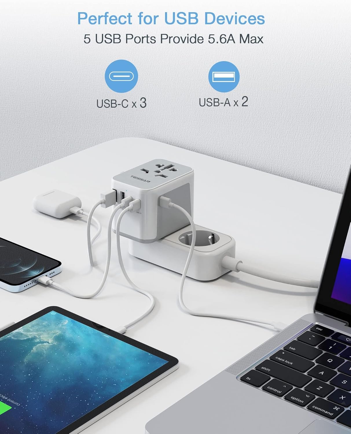 TESSAN Universal Travel Adapter, International Power Adapter 5.6A 28W 3 USB C 2 USB A Ports, Travel Worldwide Plug Adaptor, Outlet Wall Charger for Europe UK EU AUS (Type C/G/A/I)