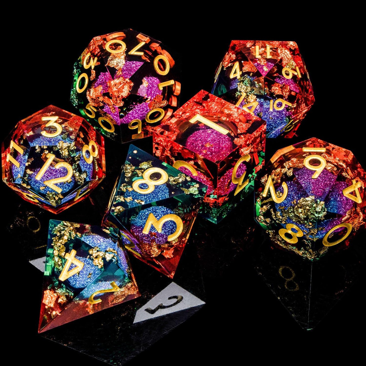 ARUOHHA Liquid Core DND Dice Set, 7pcs Resin Sharp Edged Dragons Dice Compatible with D&D Role Playing Games, RPG Golden Numbers Orange Green Dungeons Polyhedral D and D Dice with Gift Box D20 D10 D6