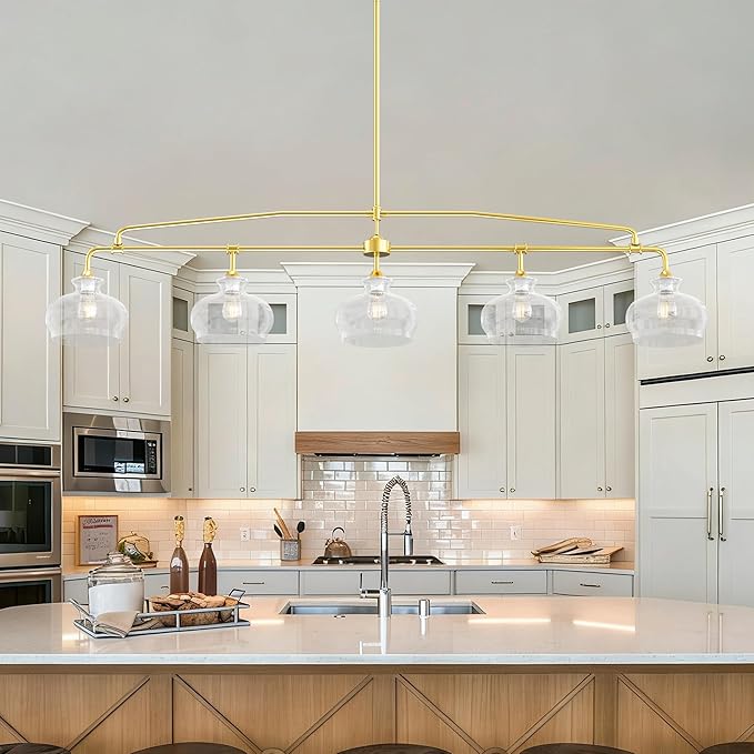 Industrial Modern 5 Light Chandelier Gold Rustic Linear Pendant Light Minimalist Country Luxury Chandeliers Adjustable Height with Glass Lampshade for Dining Room Island Living Room Foyer (5 Light)
