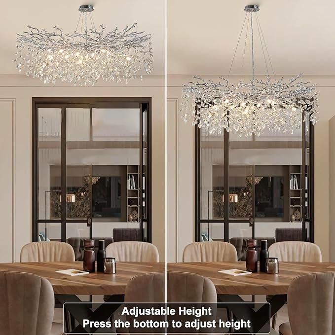 47" Silver Chandelier, 18-Light Modern Crystal Tree Branch Chandeliers, Luxury Round Chandelier for Dining Room, Living Room, Foyer, Entryway, Bedroom, Contemporary K9 Crystal Raindrop Light Fixture
