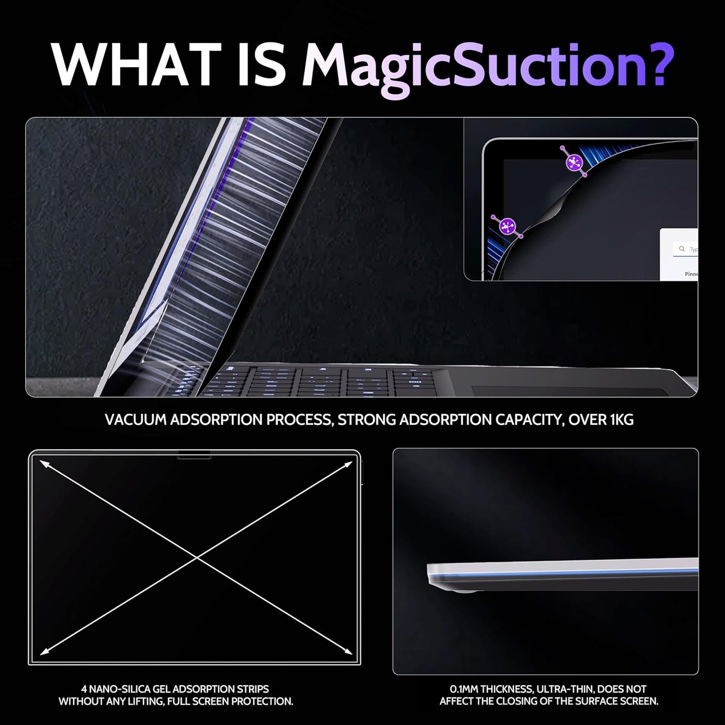Privacy Screen for 13.5 Inch Surface Laptop 6/5/4/3/2/1, MagicSuction™ Removable Anti Spy Black Protector, Glare Blue Light Filter for Microsoft Laptop Computer Monitor