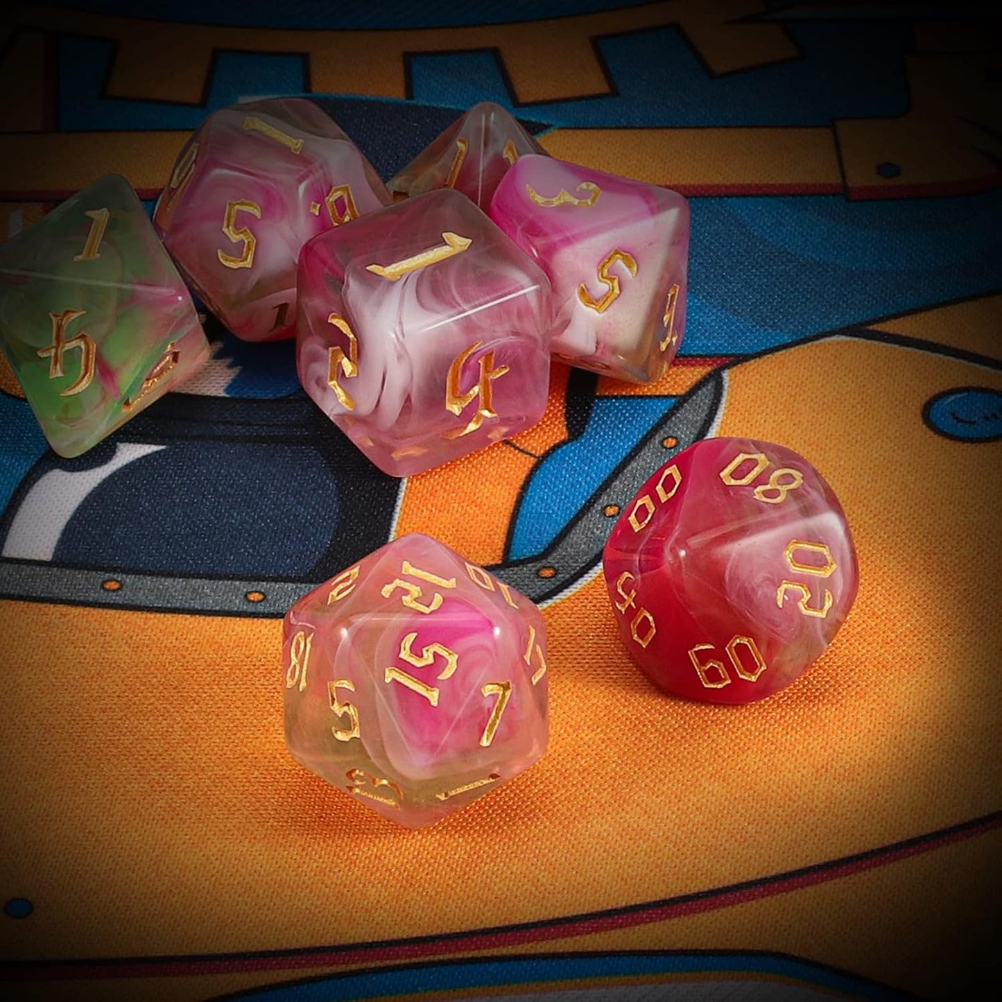 QMAY DND Dice Set -D&D Polyhedral Dice (7 Pcs) for Dungeons and Dragons (Pink Light Green)