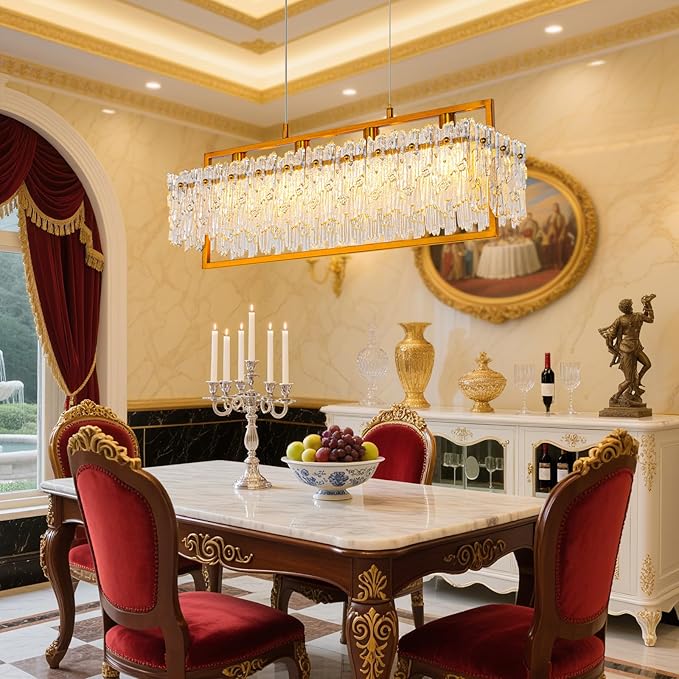 MantoLite Dining Room Light Fixture Modern Rectangle Golde Crystal 4-Light Chandeliers for Dining Room 25" Linear Farmhouse Lighting Fixture for Kitchen Island Light Living Room