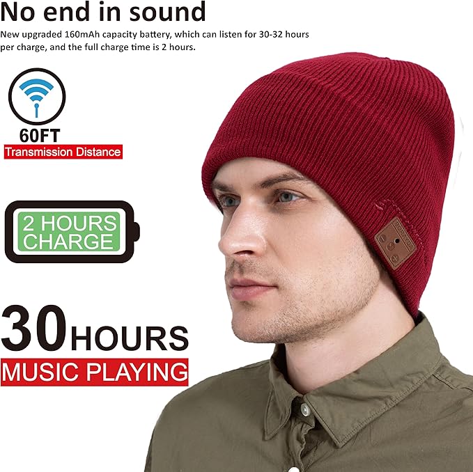 Bluetooth Beanie, Bluetooth 5.2 Wool Hat HD Stereo,30 Hours Play time,Built-in Microphone, Men's/Women's Christmas Electronic Gift (Red) …