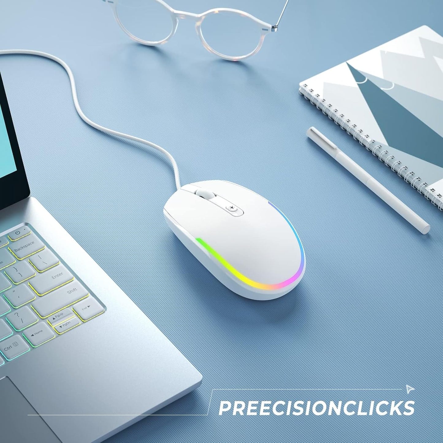 Seenda Wired RGB Backlit Optical LED Mouse - USB Cord for Laptops, Notebooks, Chromebook (White)
