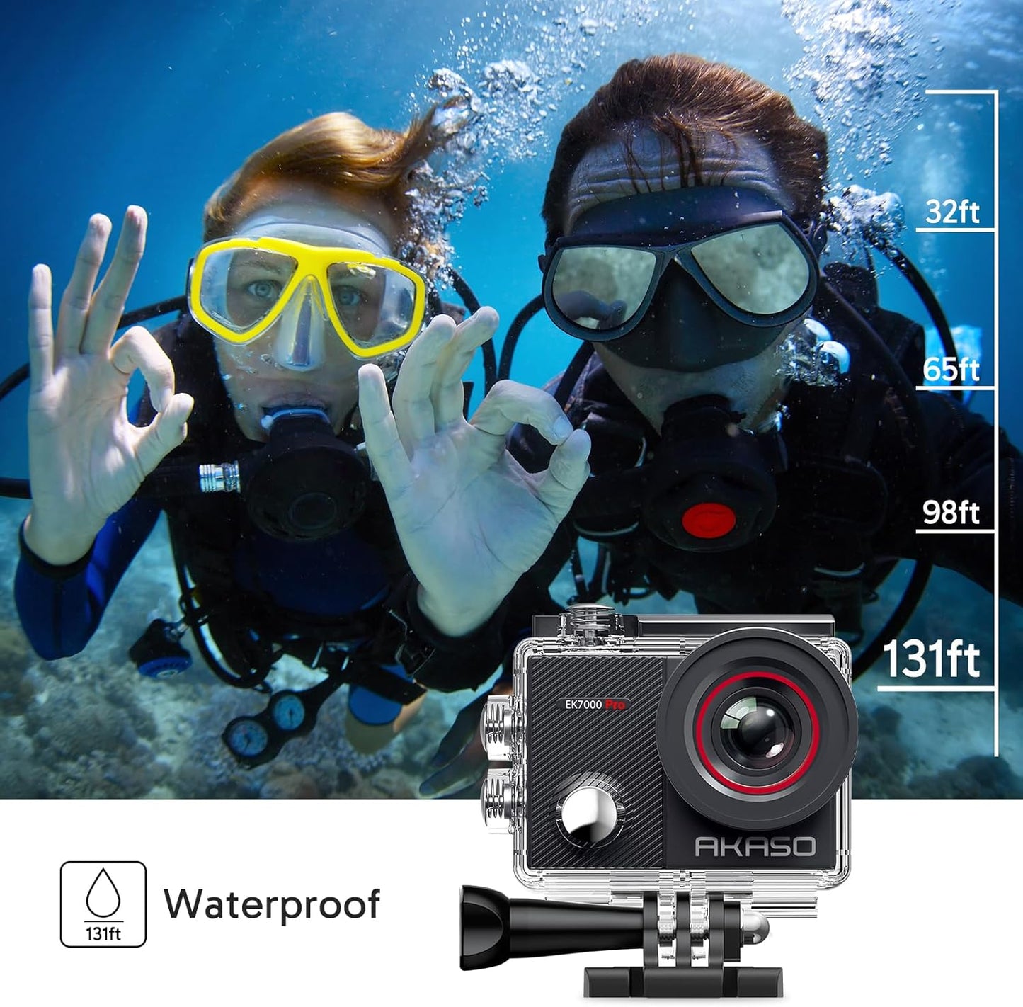 AKASO EK7000 Pro 4K30 Action Camera with Touch Screen EIS 131FT Waterproof Underwater Camera 5X Zoom Remote Control with Waterproof Floating Hand Grip Bundle and Carrying Case Accessories Kit Bundle