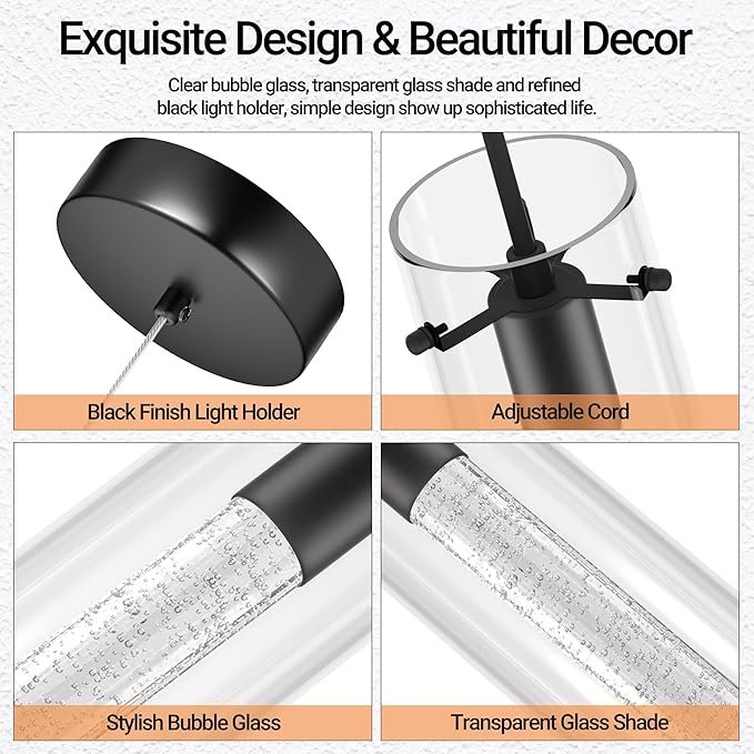 1 Pack Pendant Ceiling Light Fixture, Pendant Lights for Kitchen Island Crystal Pendant Light, 1-Light Integrated Kitchen Hanging Light Fixture Modern Island Light with Bubble Glass