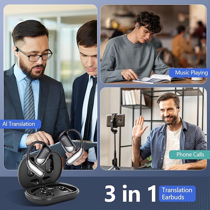 Translation Earbuds Real Time - AI 144 Language Translator Earbuds, Audifonos Traductores Inglés Español, 3-in-1 Translating Device, Translate Ear Buds for Travel Business Learning with Charging Case