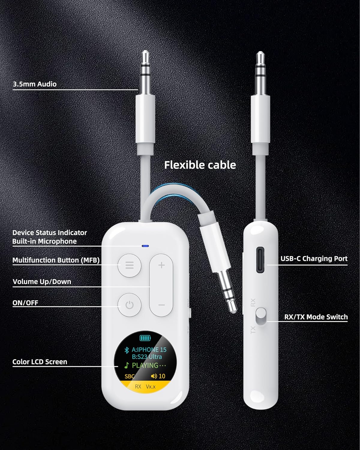 Bluetooth Wireless Audio Transmitter/Receiver, 20+ Hours Playtime,Supports 2 AirPods Headphones, Audio Adapter with Screen for Airplane, Marine, Travel, Speaker