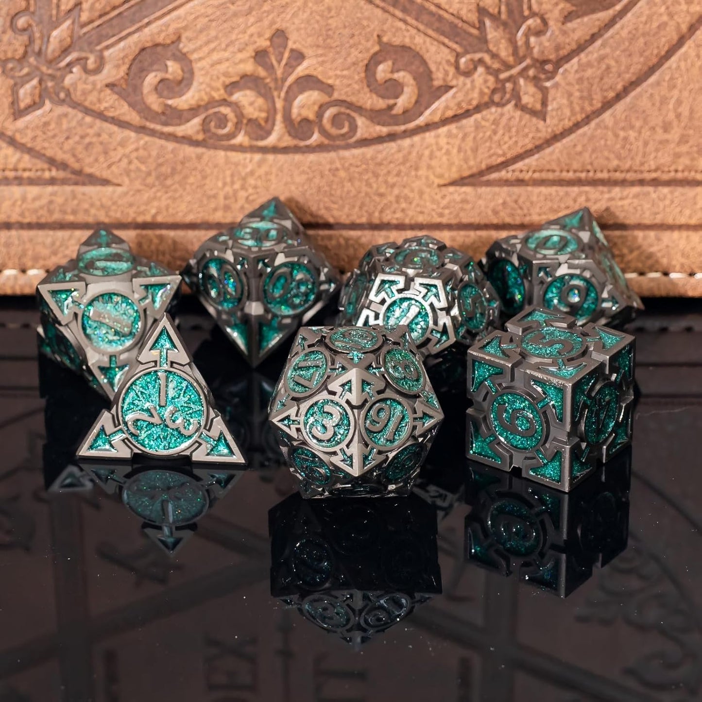 Green Black Nickel Finish Heavy Metal DND Dice Set (Ranger) with A Metal Box, Sharp Edge Zinc Alloy D&D Accessories, D4-D20, Designed for Dungeons & Dragons Master, RPG Player, Starter