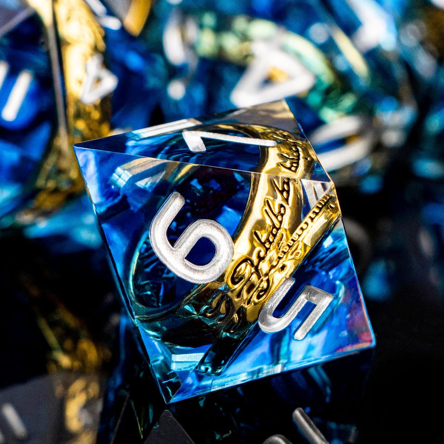 Magic Golden Ring DND Dice Set with Dice Box, Blue Resin Sharp Edge D and D Dice for use with D&D Tabletop Games Handmade Lord Polyhedral Dice Set D20 D12 D10 D8 D6 D4