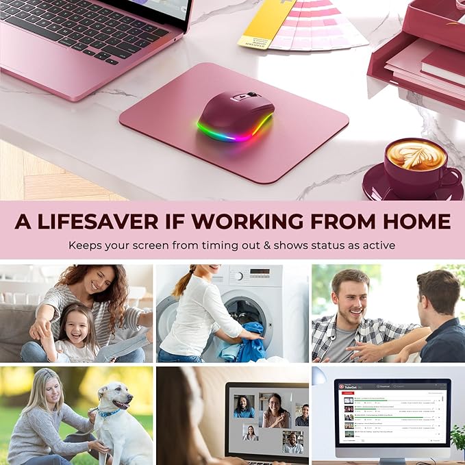 PEIOUS Wireless Mouse Jiggler - LED Wireless Mice with Build-in Mouse Mover, Rechargeable Moving Mouse for Laptop with Undetectable Random Movement Keeps Computers Awake - Red