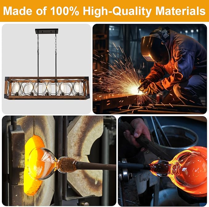 35.5" Dining Room Light Fixture/Chandelier Over Table, 5-Light Rustic Wood Kitchen Island Lighting with Clear Glass Shade Farmhouse Hanging Pendant Lights Fixtures for Kitchen Island Dining Room‌ Bar